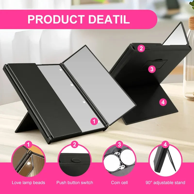 Portable Three-Sided LED Makeup Mirror
