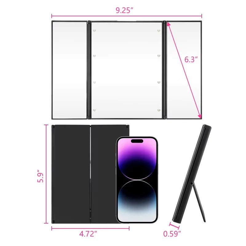 Portable Three-Sided LED Makeup Mirror