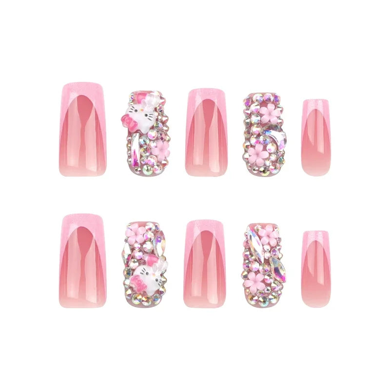 HelloKitty Press-On Rhinestone French Tip Nail Set